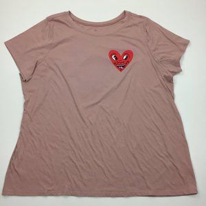 KEITH HARING Ripple Junction Beige Brown Red Smiling Heart Logo Print Tee Shirt
